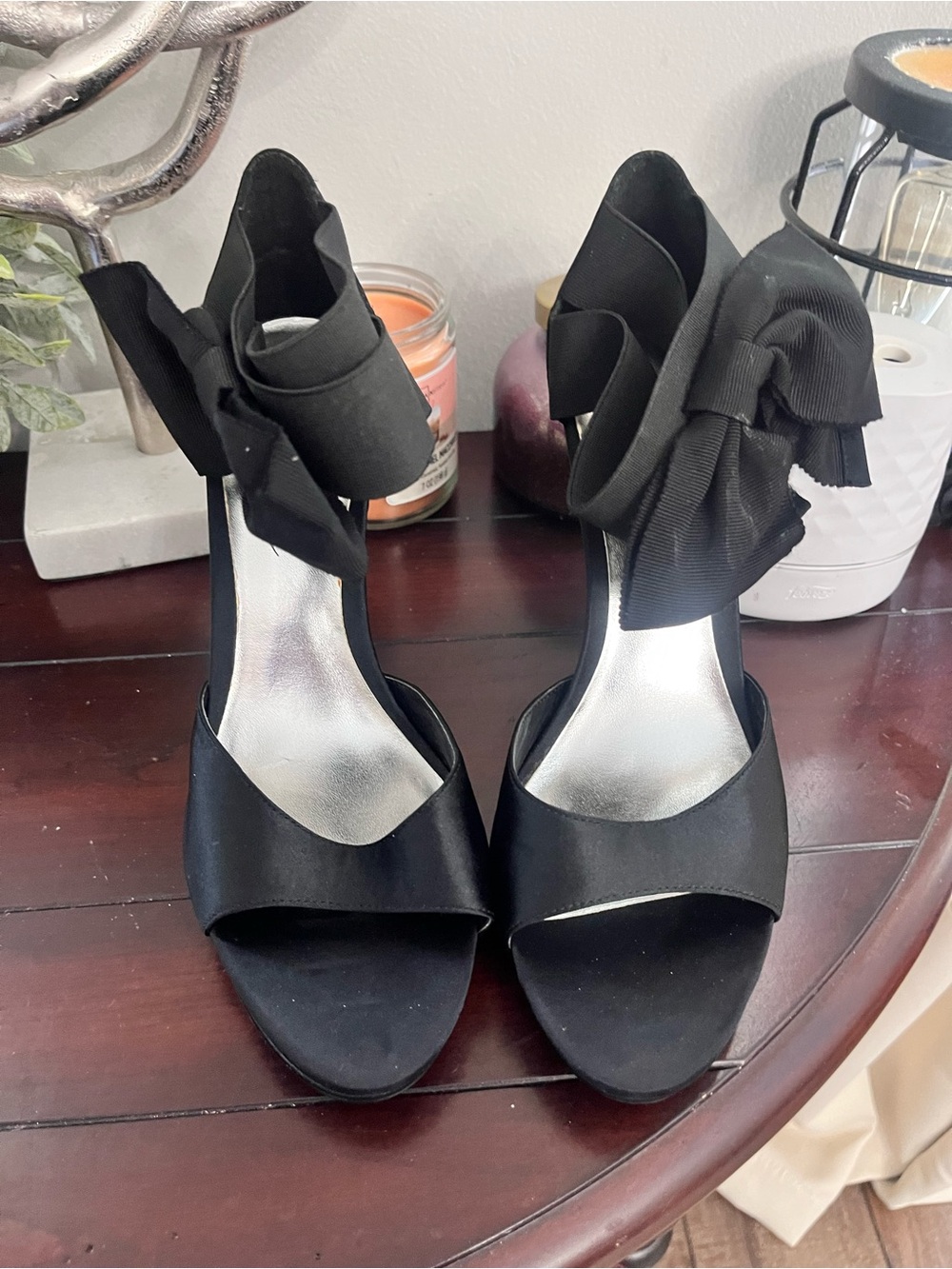 Elegant Black Open-Toe Heels with Bow Accent